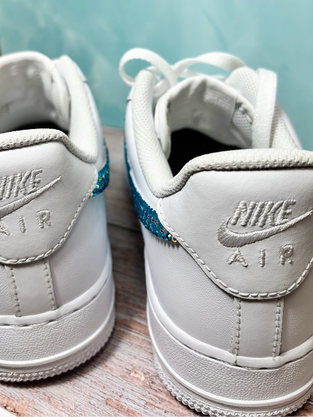 Nike Air Force 1 Custom Teal Rhinestone Sparkle Swoosh AF1 Shoes | Size 9 - Picture 6 of 9